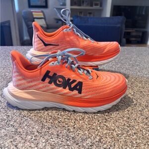 Hoka Mach 5 Vibrant Orange Athletic Shoes with Blue Accents